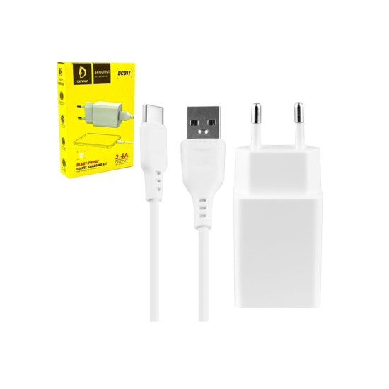 CHARGER ADAPTER DENMEN DC01T 2.4A WITH TYPE C USB CABLE WHITE